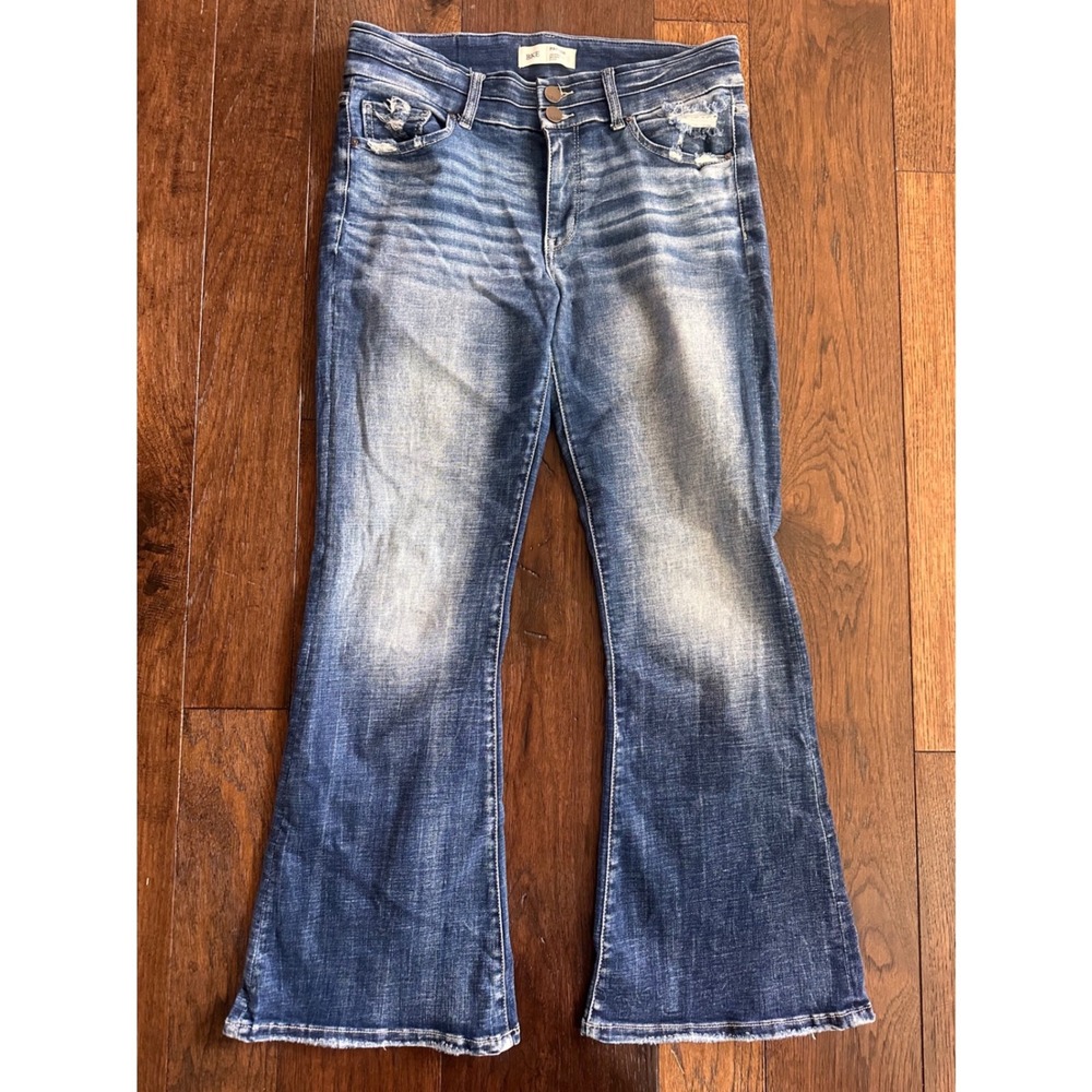 BKE Payton Mid Rise Flare Jeans Womens 29x29.5 Distressed Medium Wash Frayed Hem